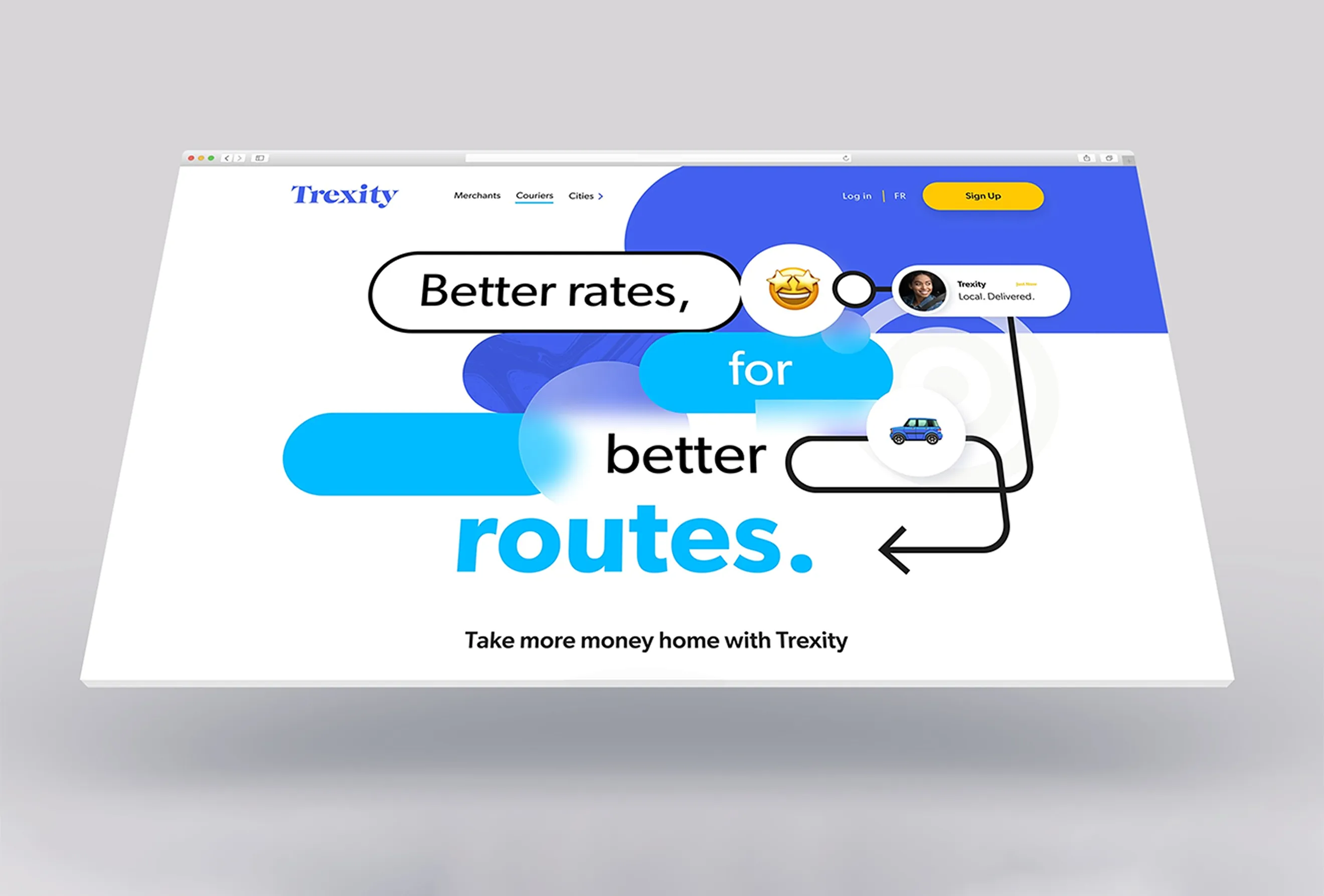3D browser mockup of Trexity’s website hero featuring bold typography, blue geometric graphics, delivery car illustration, and merchant notification UI.