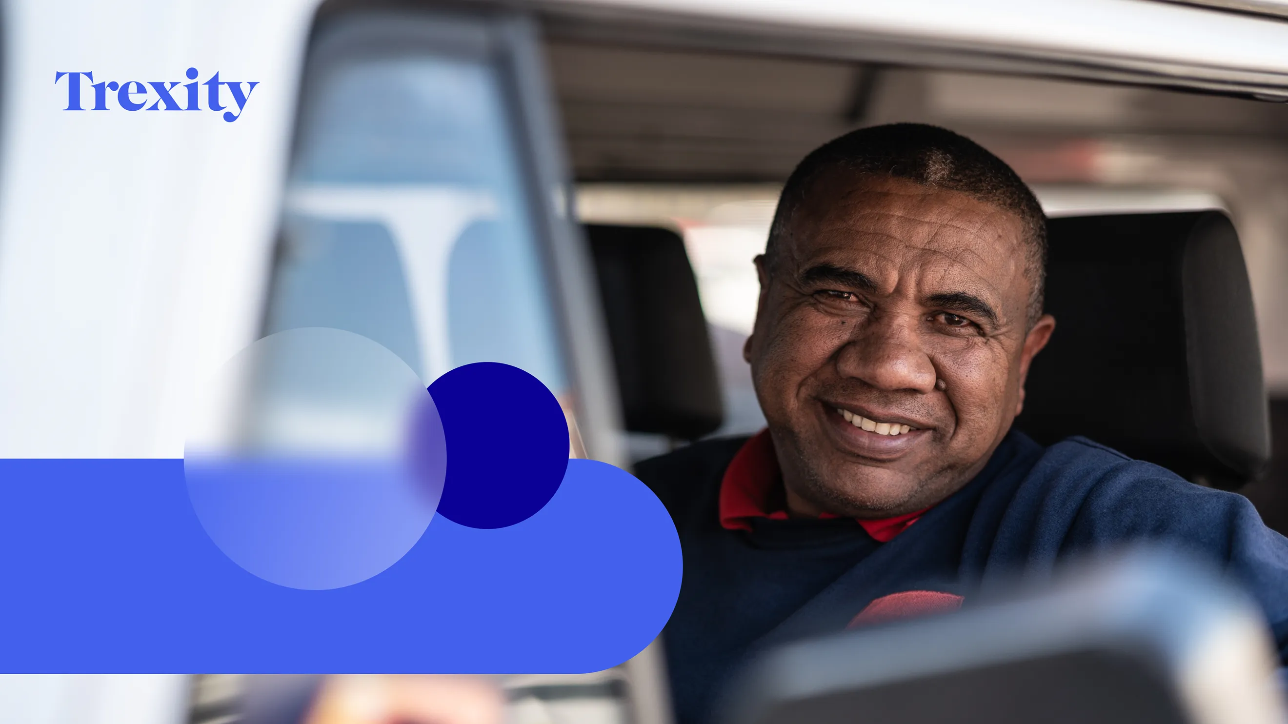 Smiling courier driver in a delivery vehicle with the Trexity logo and blue geometric brand graphics.