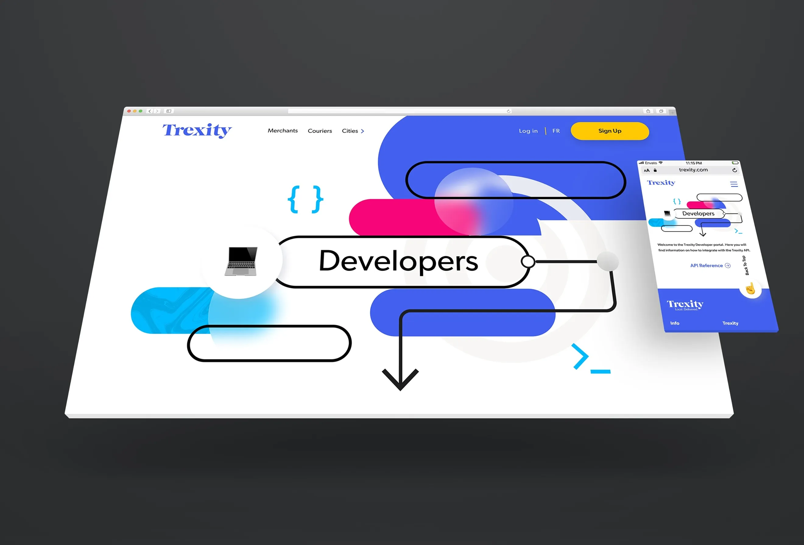 Responsive Trexity Developer portal UI mockup showing desktop and mobile screens with blue and magenta graphics, code icons, and API routing visuals.