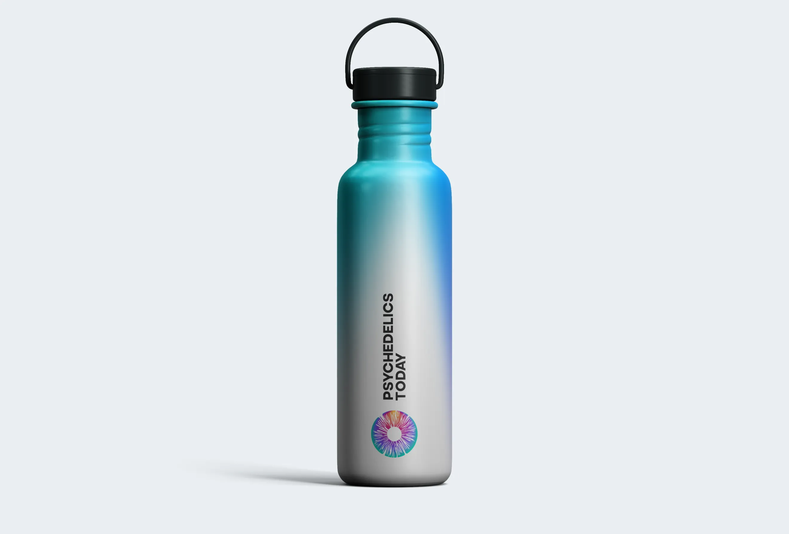 White aluminum water bottle featuring Psychedelics Today branding by Hovski Studio with a teal-to-blue gradient design.
