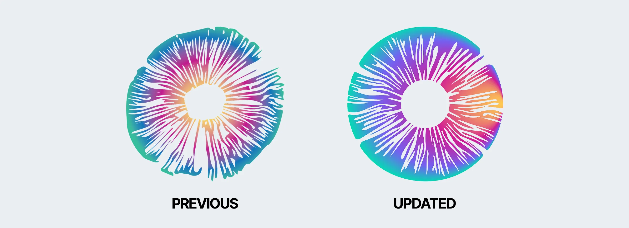 Psychedelics Today logo redesign comparison showing the updated balanced circular spore mark and gradient identity.