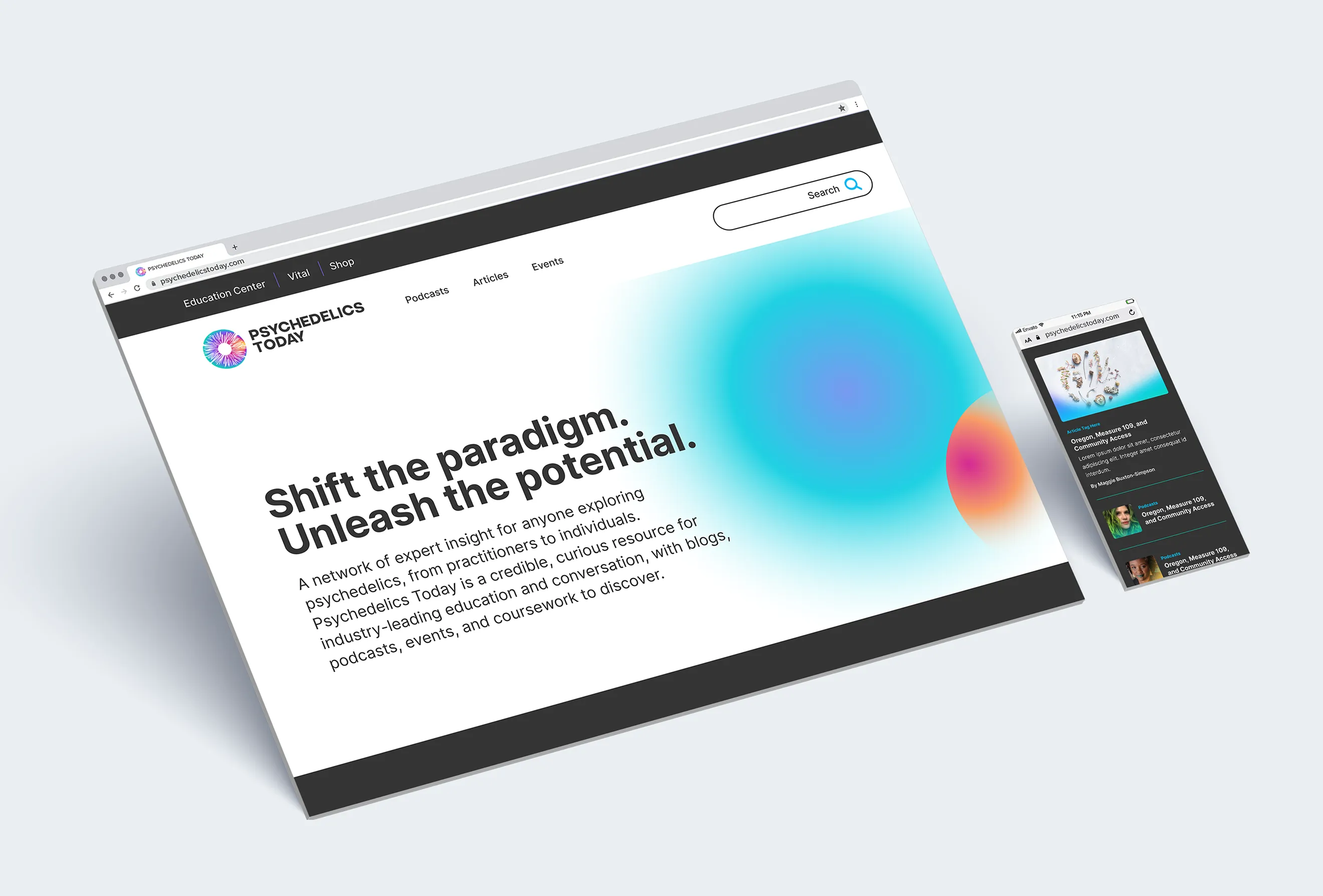 Responsive Psychedelics Today website design showing desktop and mobile layouts with gradient graphics and navigation.