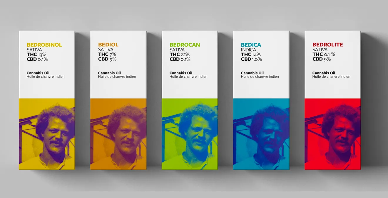 Bedrocan brand architecture concept showing strain colour systems, THC/CBD details, founder portraits, and the “Choose Your Experience” framework by Hovski Studio.