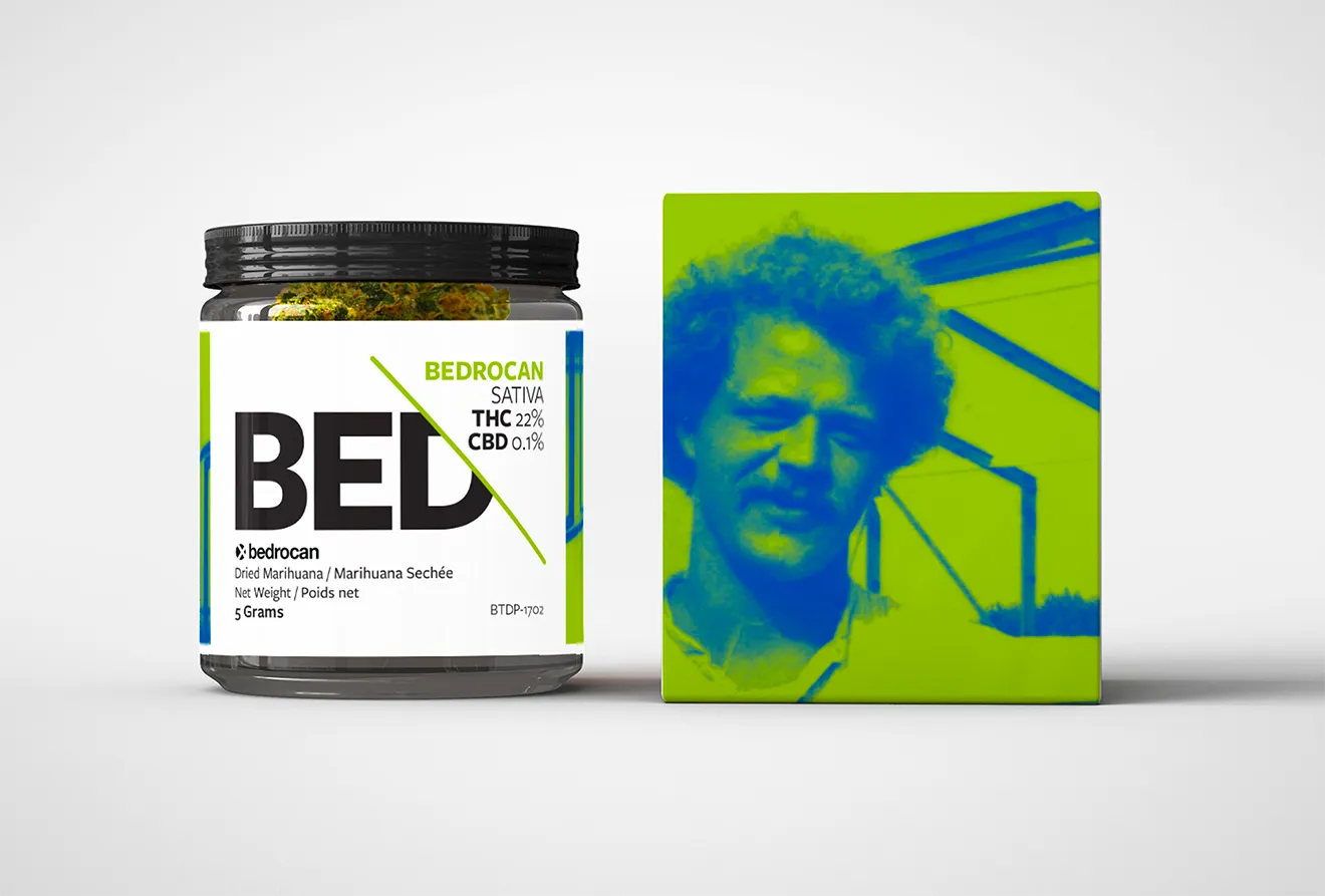 Bedrocan product mockup showing dry cannabis flower jar, branded packaging, and cannabis oil application photography.Bedrocan flagship strain packaging featuring BED typography, 22% THC Sativa details, and duotone founder portrait design.