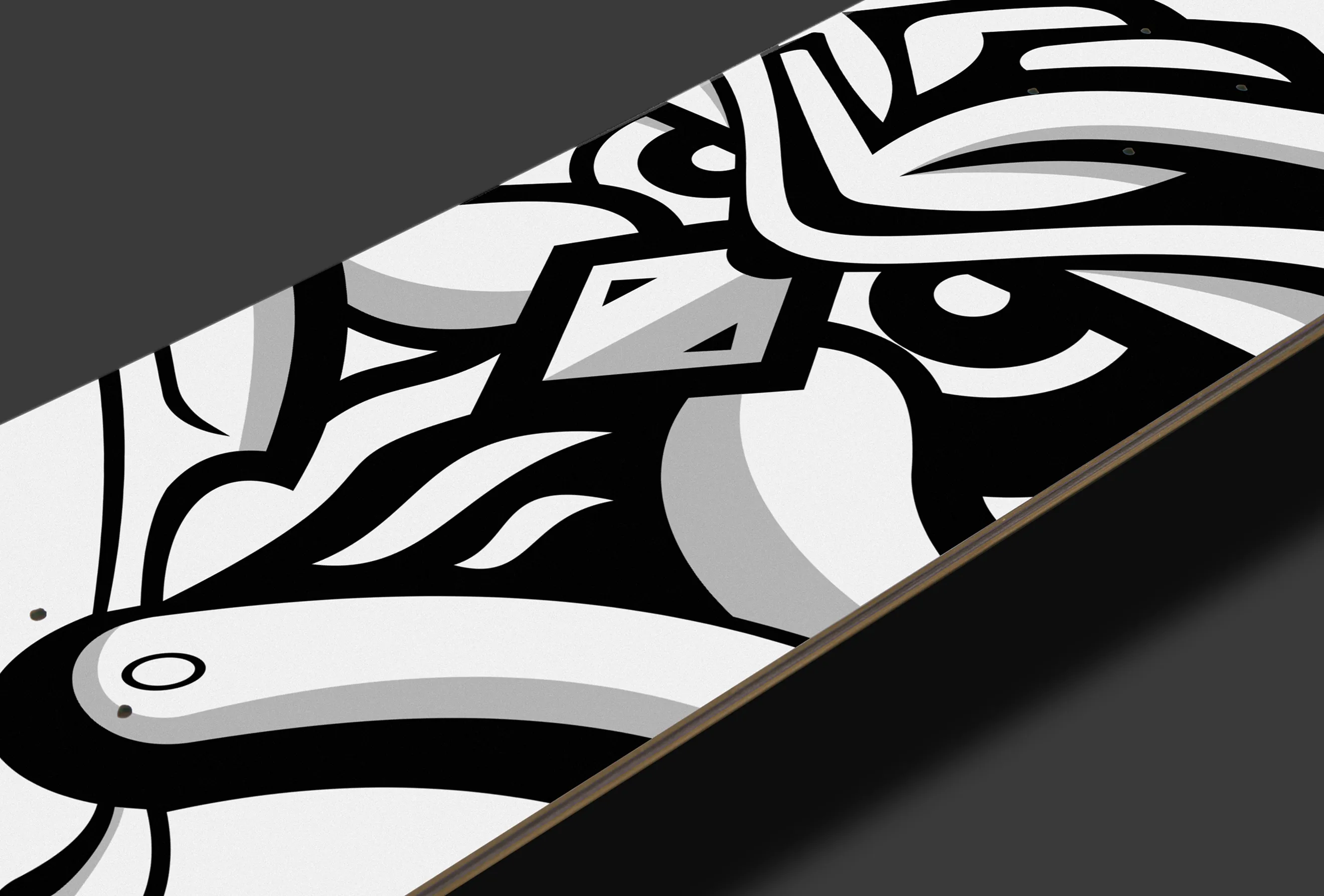 Custom skateboard deck design featuring The Nite Owl Barbershop owl graphic with tattoo-inspired black, white, and grey artwork.