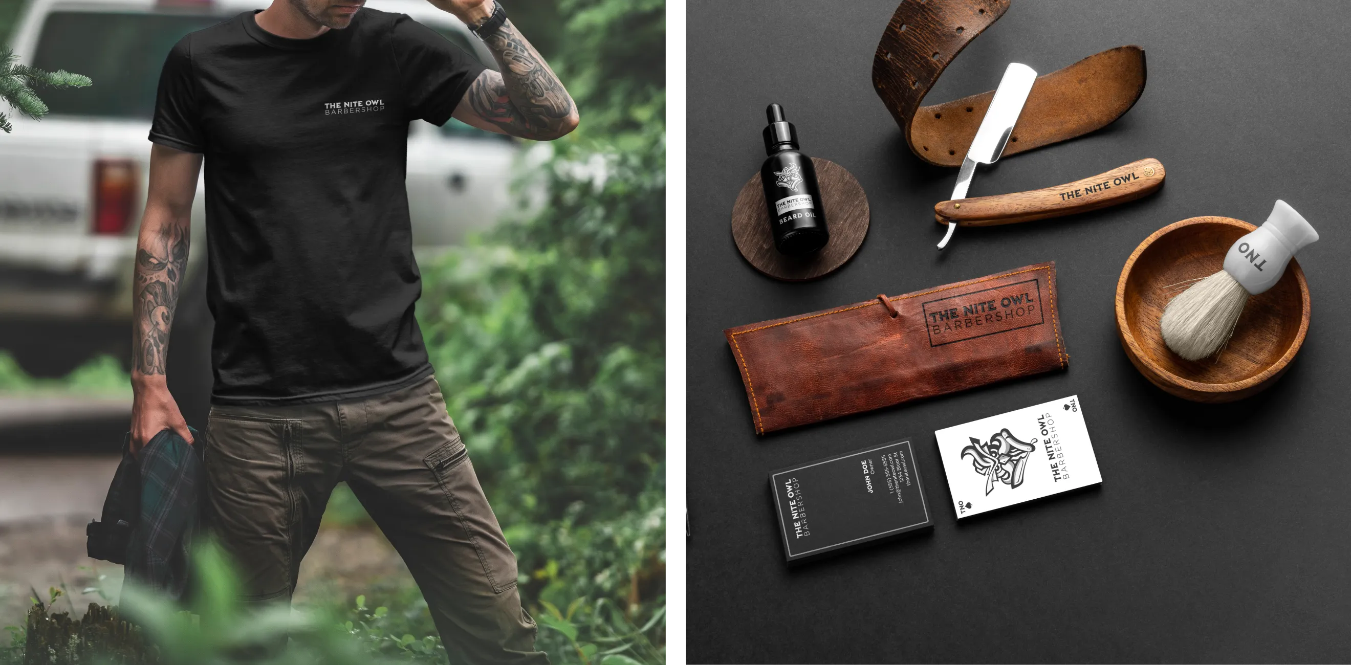 The Nite Owl Barbershop brand touchpoints featuring apparel, grooming tools, straight razor, shaving brush, and business cards.