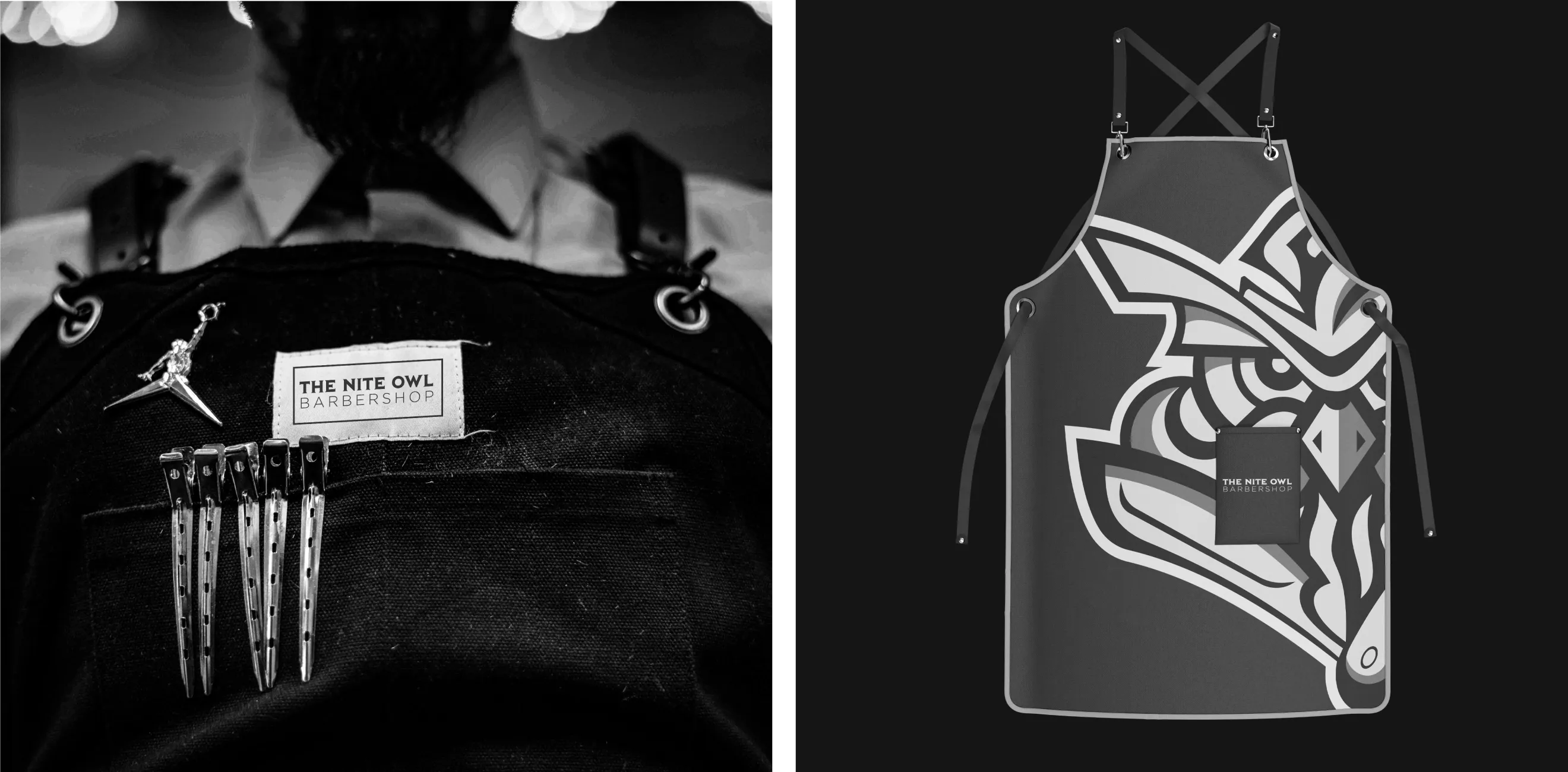 The Nite Owl Barbershop apron designs featuring embroidered branding and a neo-noir owl graphic.