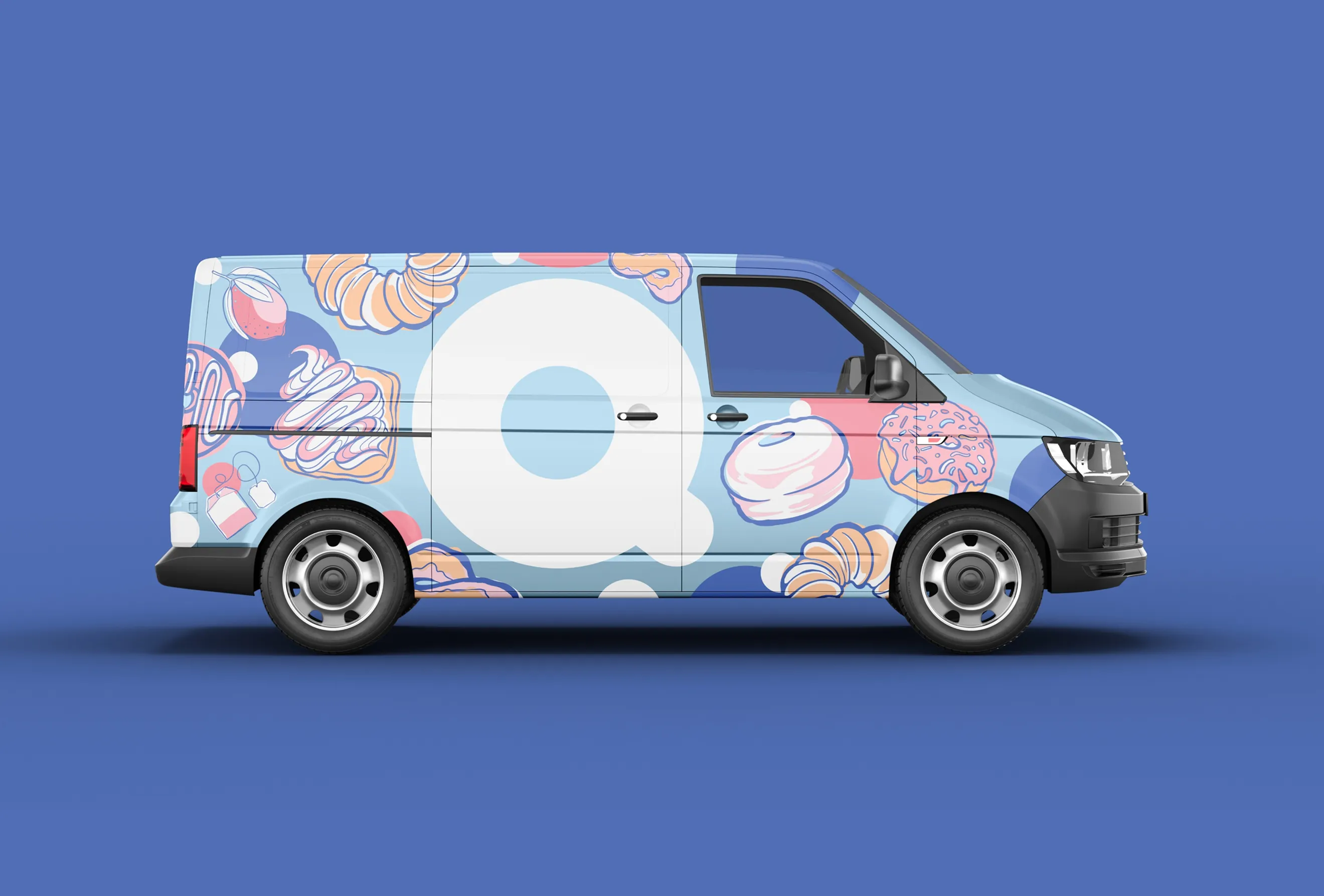 SuzyQ Doughnuts delivery van wrap featuring blue branding, hand-drawn doughnut illustrations, and large Q logo graphics