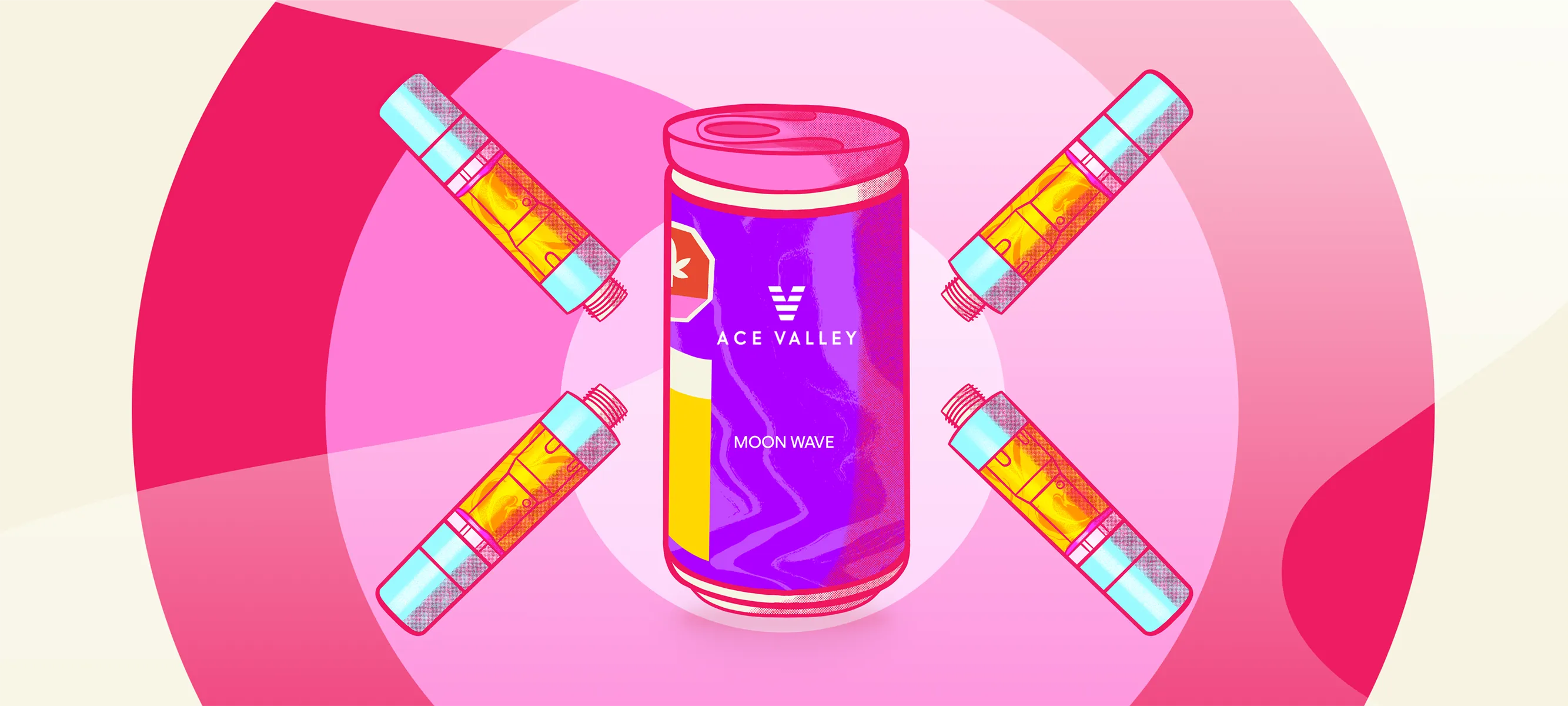 Hovski Studio cannabis campaign graphic featuring Ace Valley Moon Wave beverage can and vape cartridges in a pop-art style.