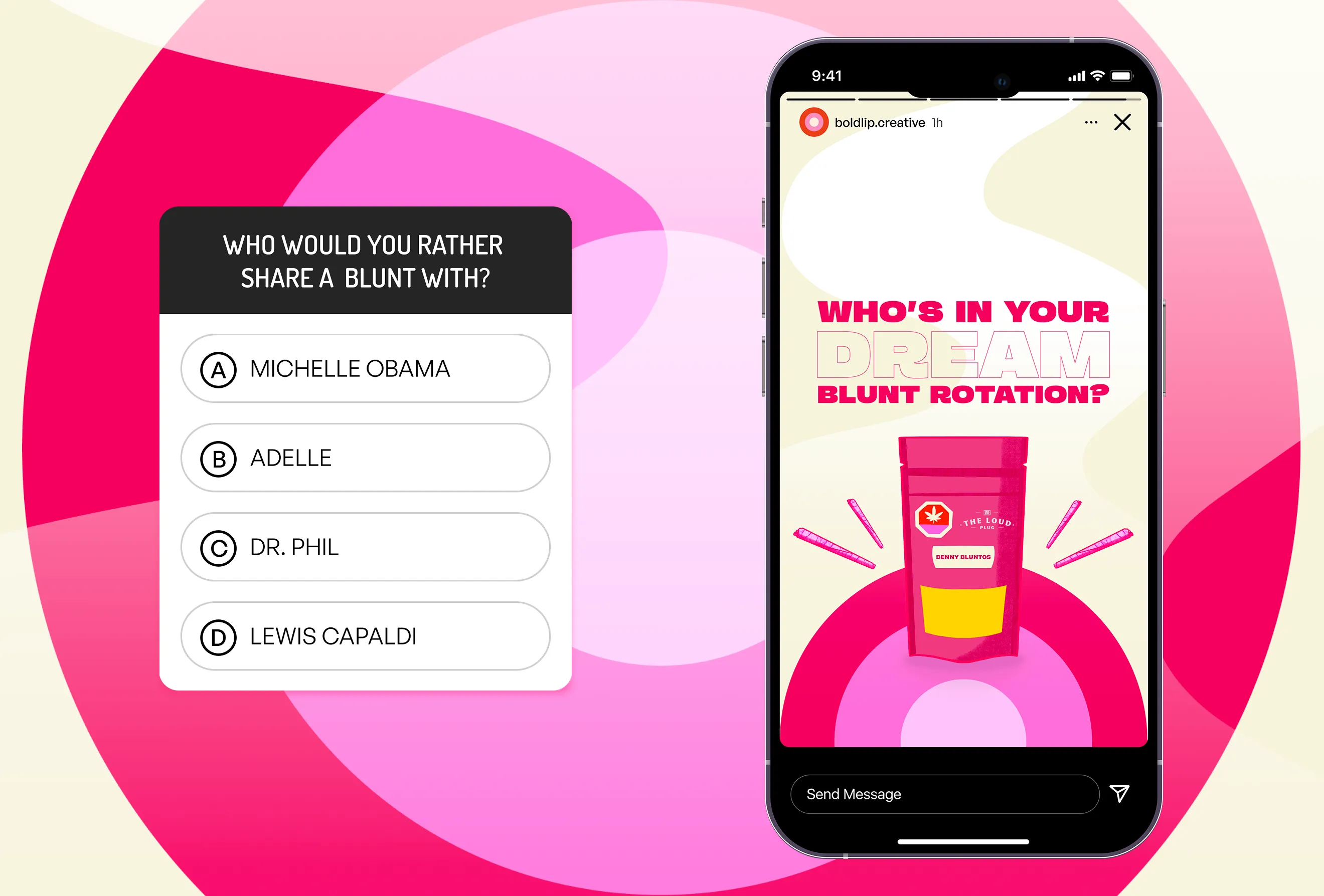 Hovski Studio cannabis social campaign mockup featuring pre-roll packaging and interactive audience quiz.