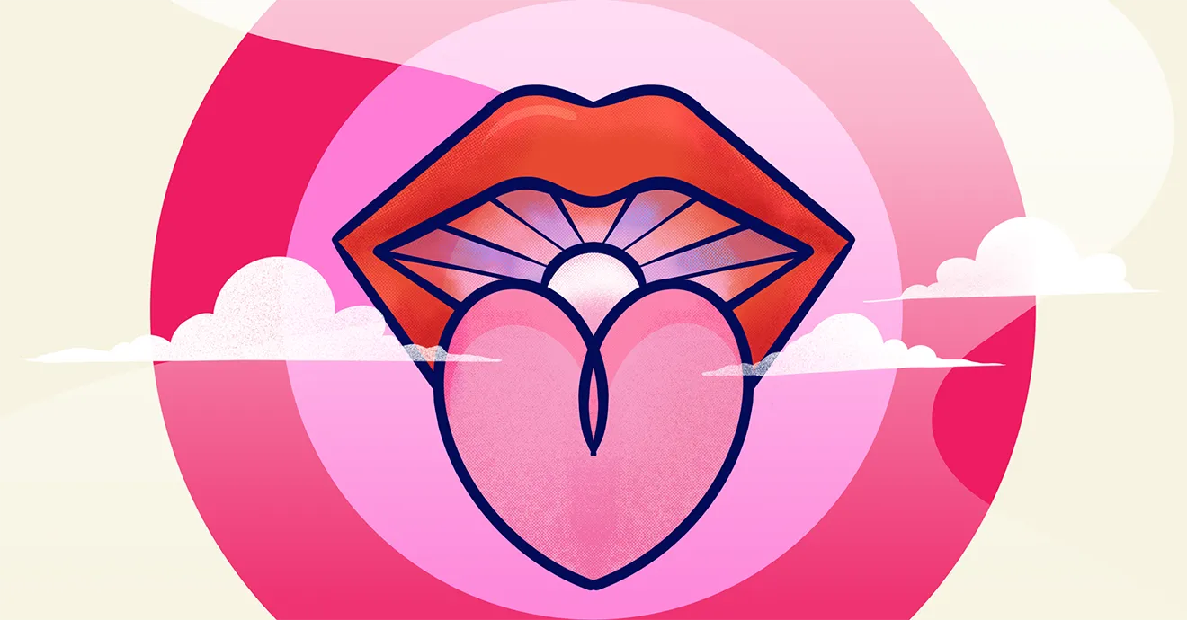 Hovski Studio cannabis campaign illustration featuring symbolic lips, sunset, and heart artwork representing brand openness
