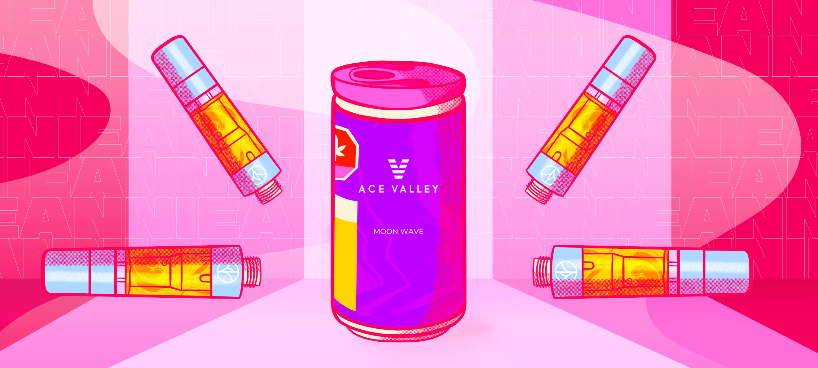 Hovski Studio cannabis product illustration featuring Ace Valley Moon Wave beverage can and vape cartridges.