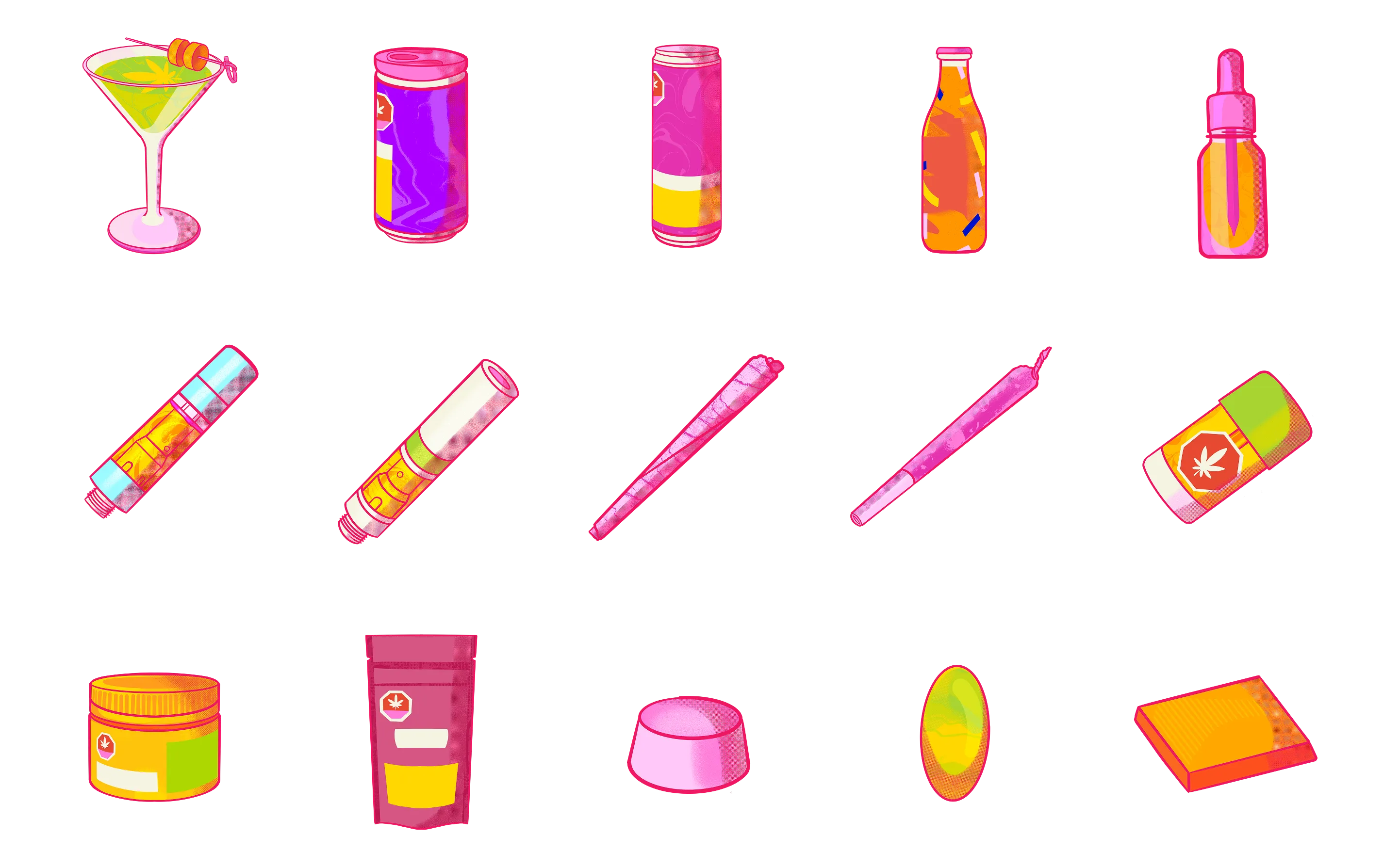 Hovski Studio cannabis pop-art illustration set featuring beverages, vape cartridges, pre-rolls, and cannabis products.