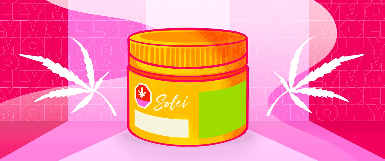 ovski Studio cannabis packaging illustration featuring Solei flower jar with vibrant pop-art branding.