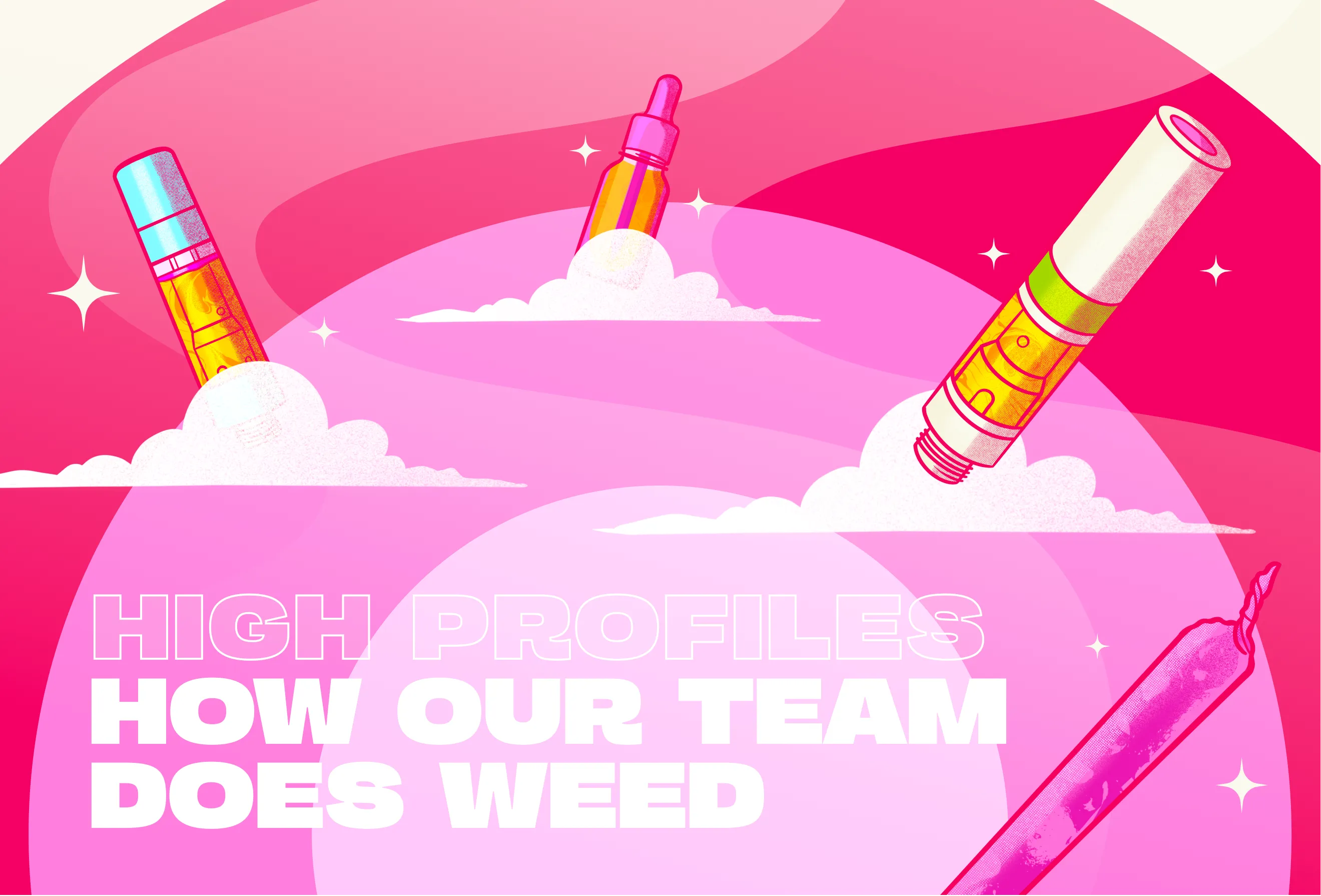 Hovski Studio cannabis campaign banner featuring pop-art vape cartridges, tincture bottle, joint illustration, and typography.