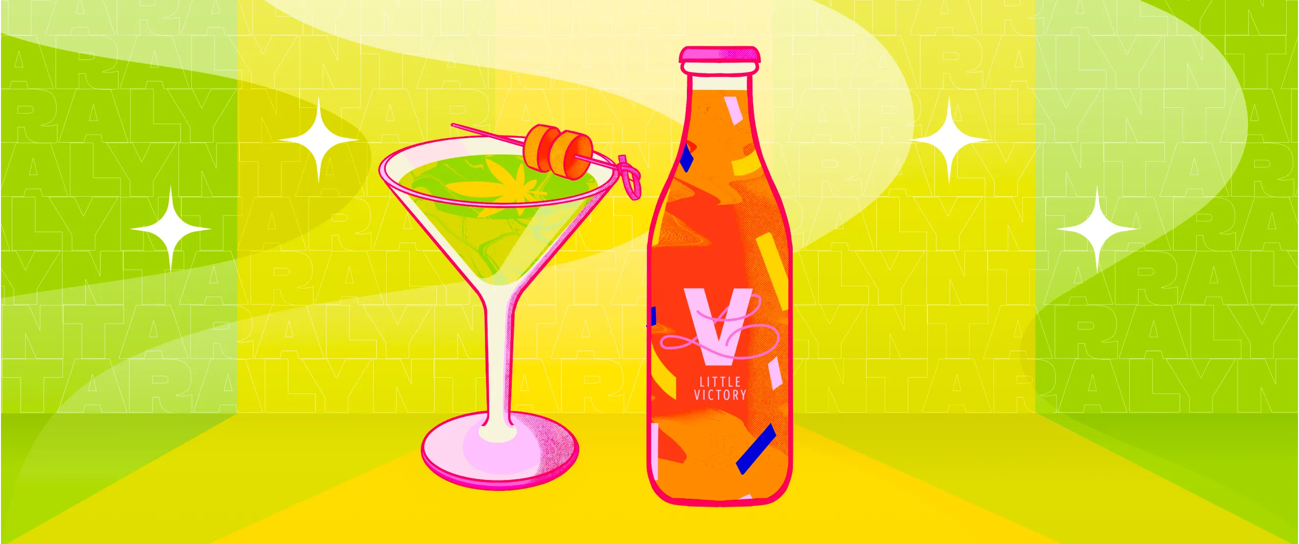 Hovski Studio cannabis beverage illustration featuring Little Victory bottle, martini glass, and neon pop-art graphics.