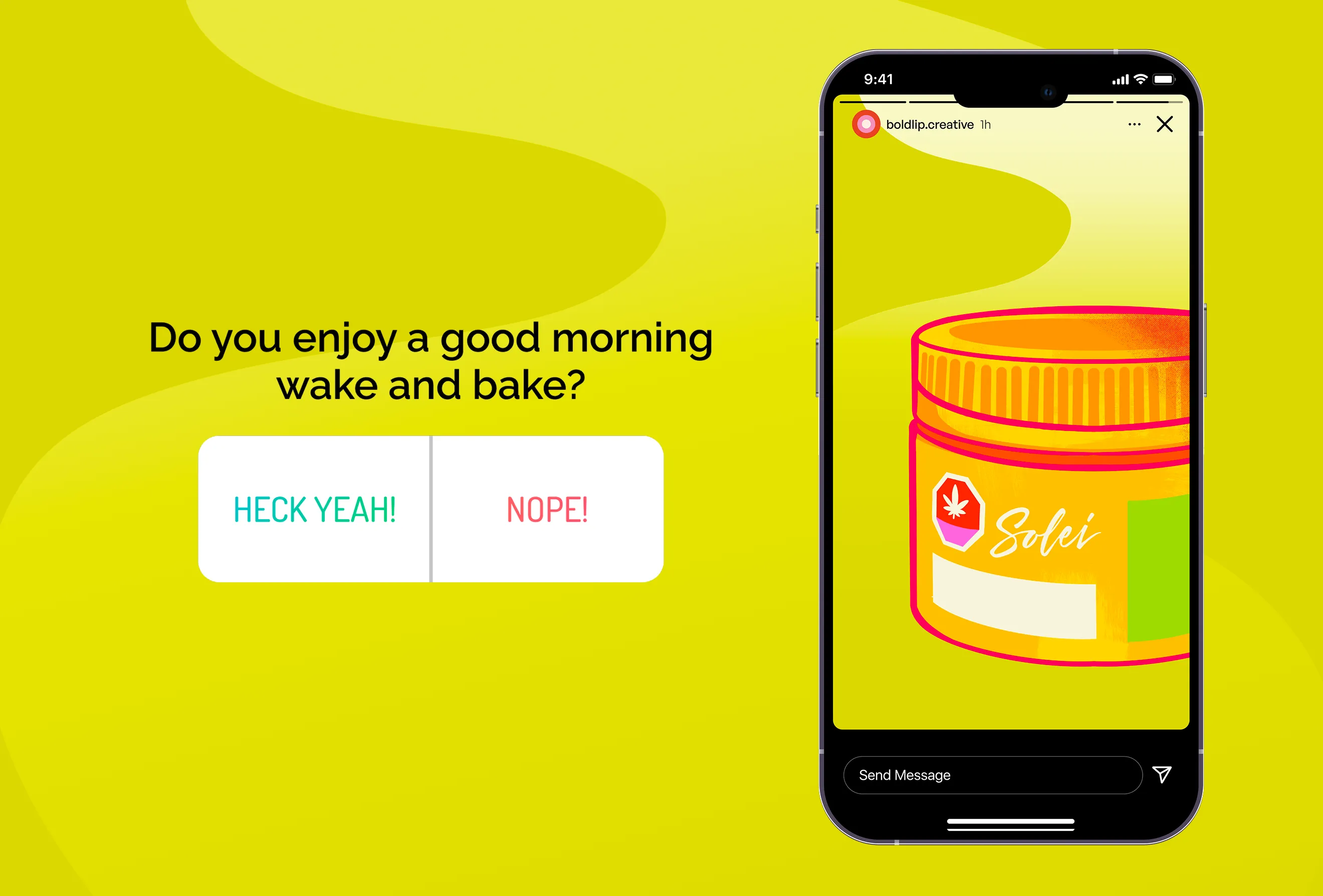 Hovski Studio Instagram poll design featuring Solei cannabis flower jar illustration and interactive campaign graphics