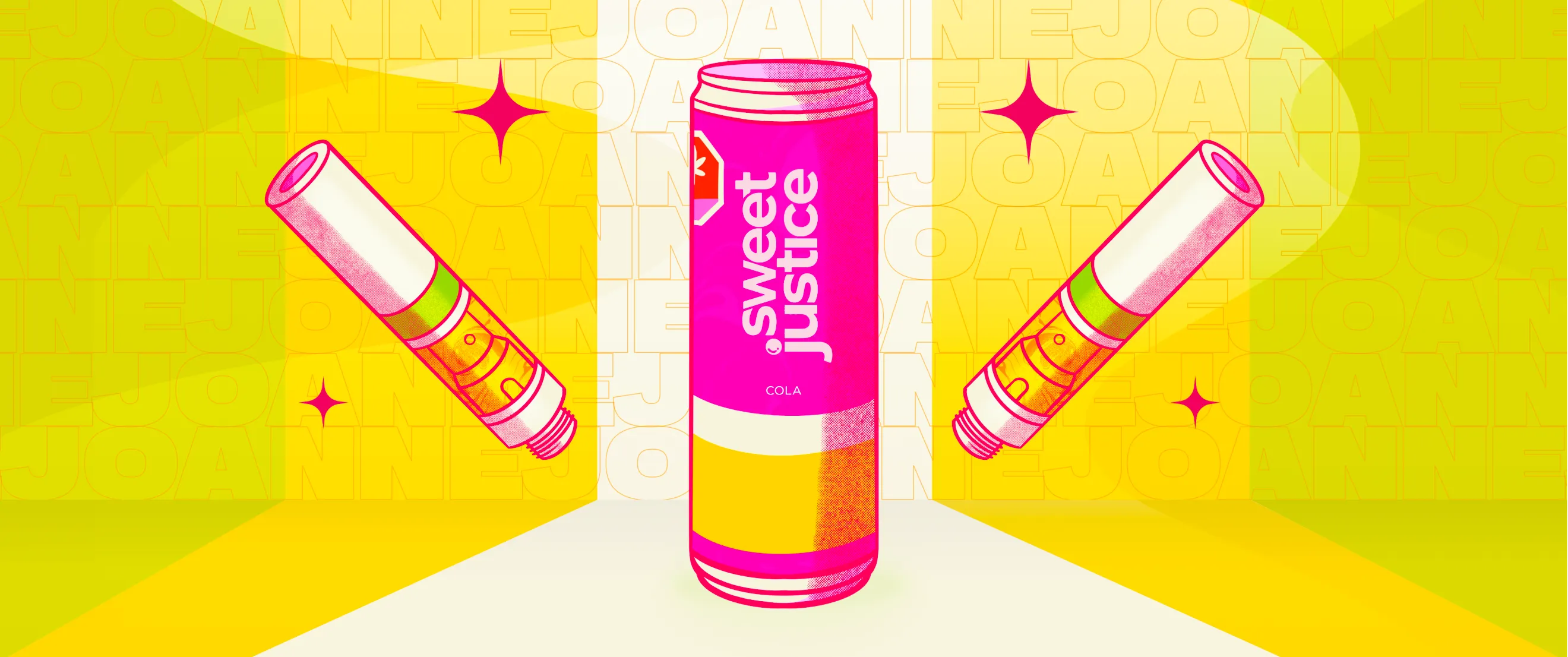 Hovski Studio 420 campaign artwork featuring Sweet Justice Cola cannabis beverage can and vape pens.