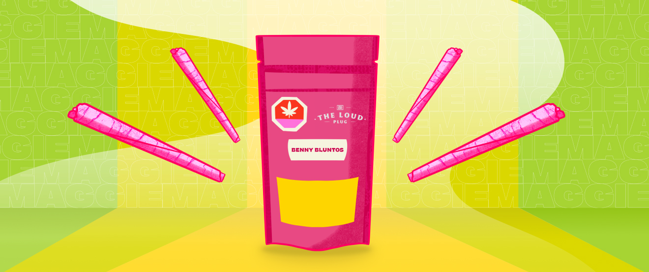 Hovski Studio cannabis social campaign mockup featuring pre-roll packaging and interactive audience quiz.Hovski Studio cannabis packaging illustration featuring The Loud Plug Benny Bluntos pre-roll pouch and pop-art graphics.
