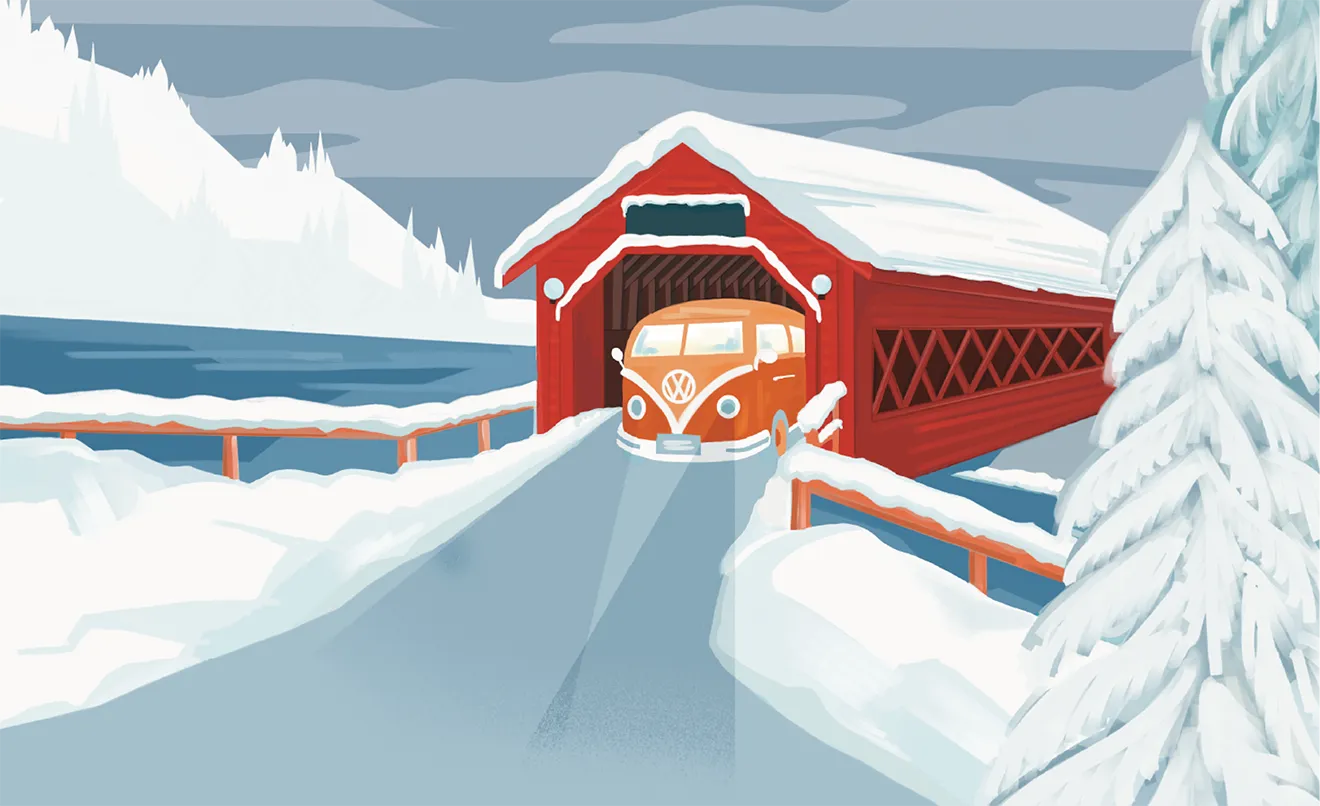 Wakefield Candle Co. winter illustration featuring vintage Volkswagen bus crossing Wakefield Covered Bridge.