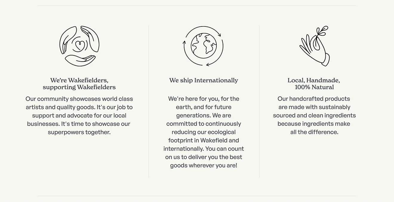 Wakefield Candle Co. Webflow website design showing brand values for local community, shipping, and handmade products.