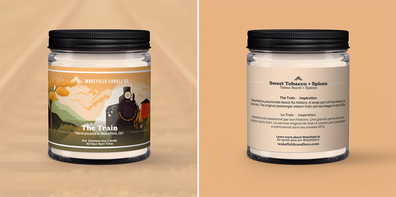 Wakefield Candle Co. The Train candle packaging featuring vintage locomotive illustration and bilingual product details.