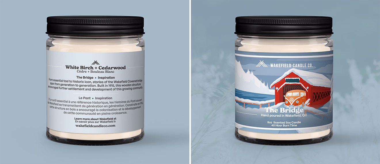 Wakefield Candle Co. The Bridge candle packaging featuring Wakefield Covered Bridge illustration and bilingual labels.