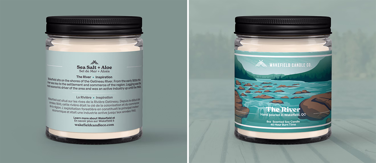 Wakefield Candle Co. The River candle packaging featuring Gatineau River illustration and bilingual product labels.