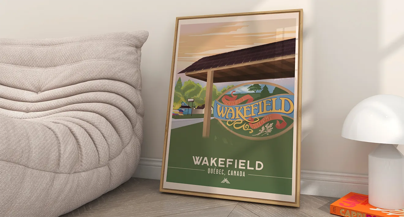 Wakefield Candle Co. vintage travel poster illustration featuring Wakefield, Quebec landscape and welcome sign.