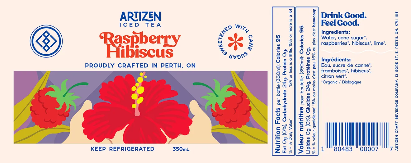 Artizen Raspberry Hibiscus Iced Tea label design by Hovski Studio featuring bilingual Health Canada compliant packaging, retro typography, and hibiscus illustration.