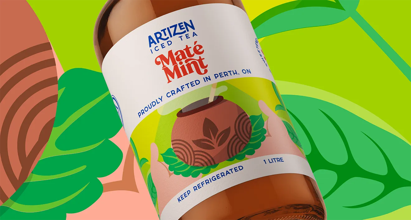Artizen Maté Mint Iced Tea bottle packaging featuring custom label design and botanical illustration.