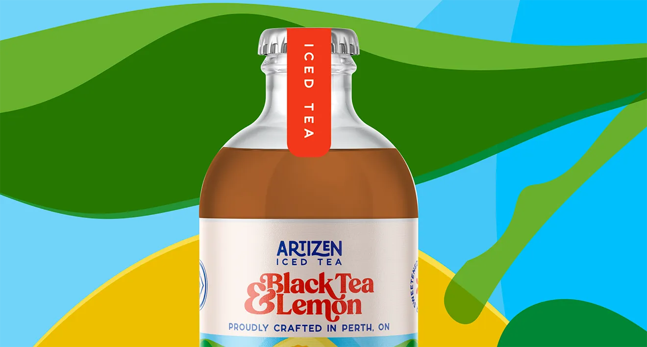Artizen Black Tea & Lemon Iced Tea packaging by Hovski Studio featuring custom lemon illustration and vibrant CPG label design.