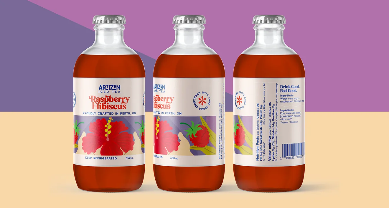 Artizen Raspberry Hibiscus Iced Tea packaging presentation showing front, side, and bilingual back labels.