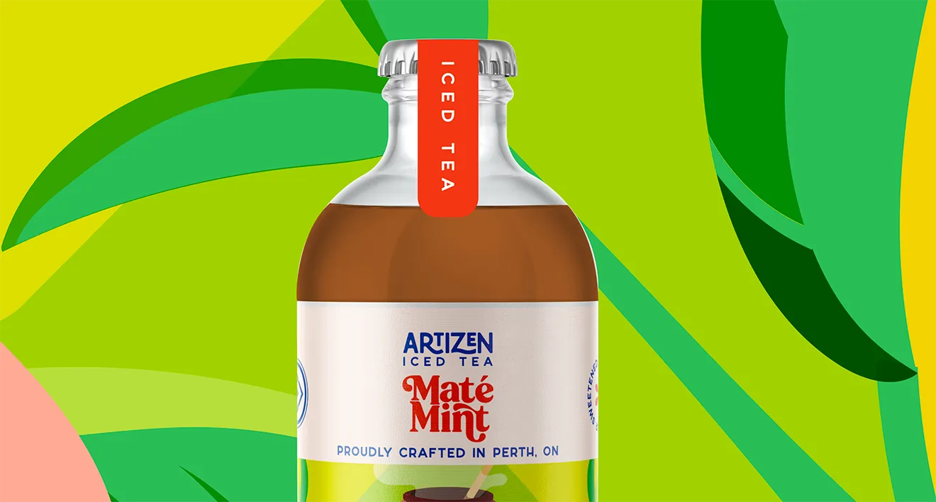 Artizen Maté Mint bottle packaging by Hovski Studio featuring custom typography and botanical illustration.