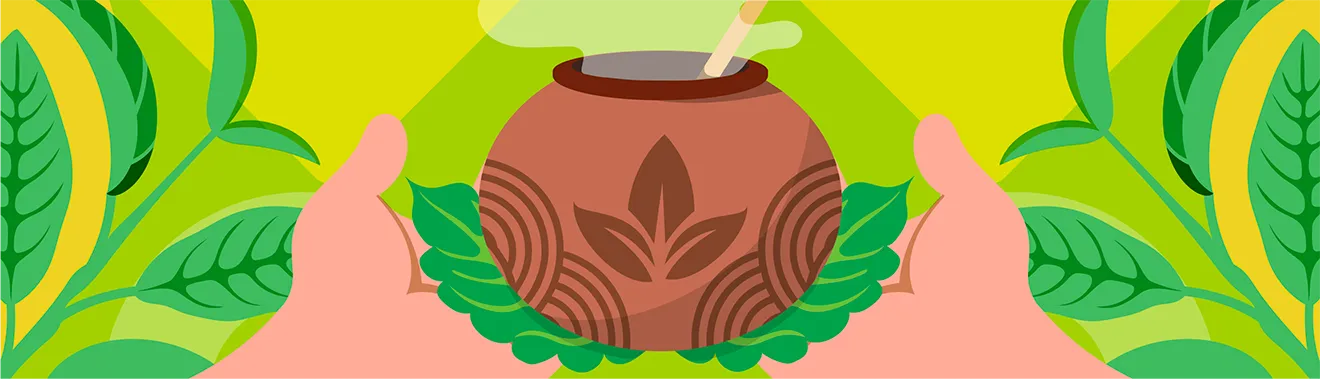 Artizen Maté Mint label illustration by Hovski Studio featuring hands, maté gourd, and botanical artwork.