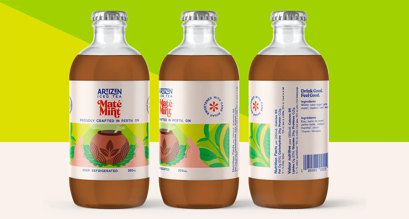 Artizen Iced Tea product lineup featuring Maté Mint, Raspberry Hibiscus, and Black Tea & Lemon packaging