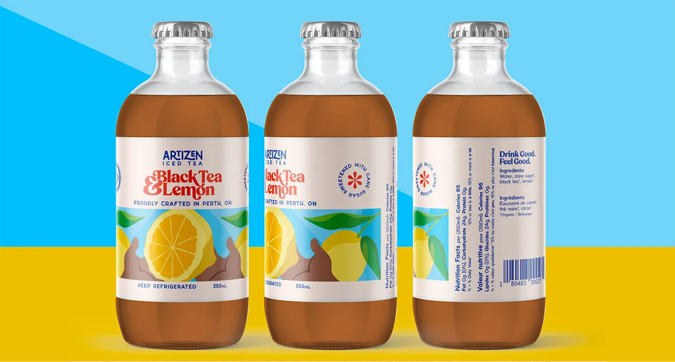 Artizen Black Tea & Lemon Iced Tea packaging presentation showing front, side, and bilingual back labels.