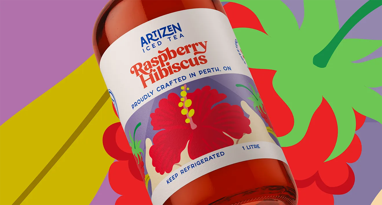 Artizen Raspberry Hibiscus Iced Tea bottle packaging mockup by Hovski Studio featuring custom CPG label design.