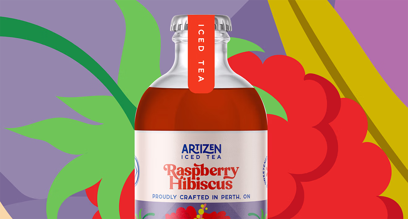 Artizen Raspberry Hibiscus Iced Tea bottle label featuring retro typography and custom hibiscus illustration.