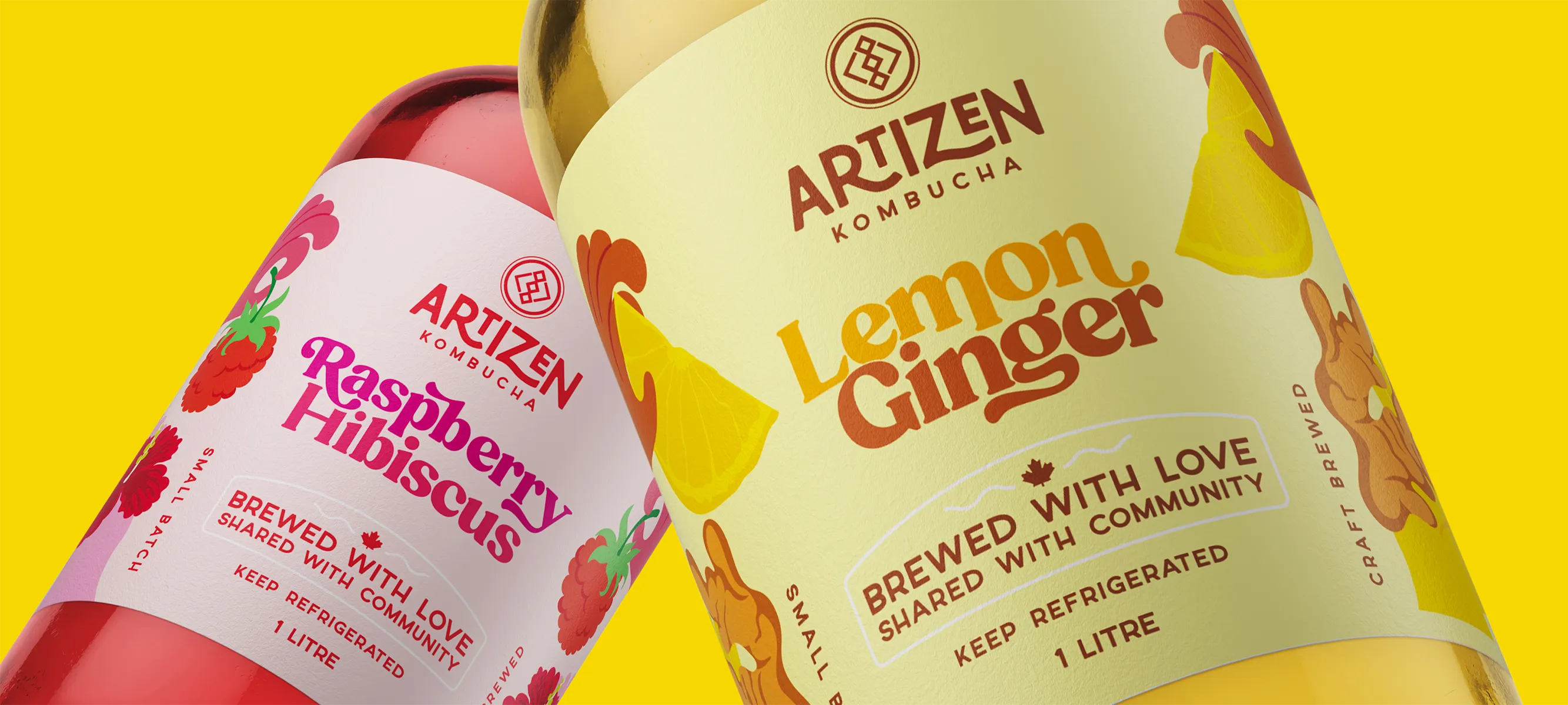 Artizen Kombucha Lemon Ginger: A zesty blend of lemons and ginger, paired with Raspberry Hibiscus, creating an invigorating drink on a yellow backdrop.