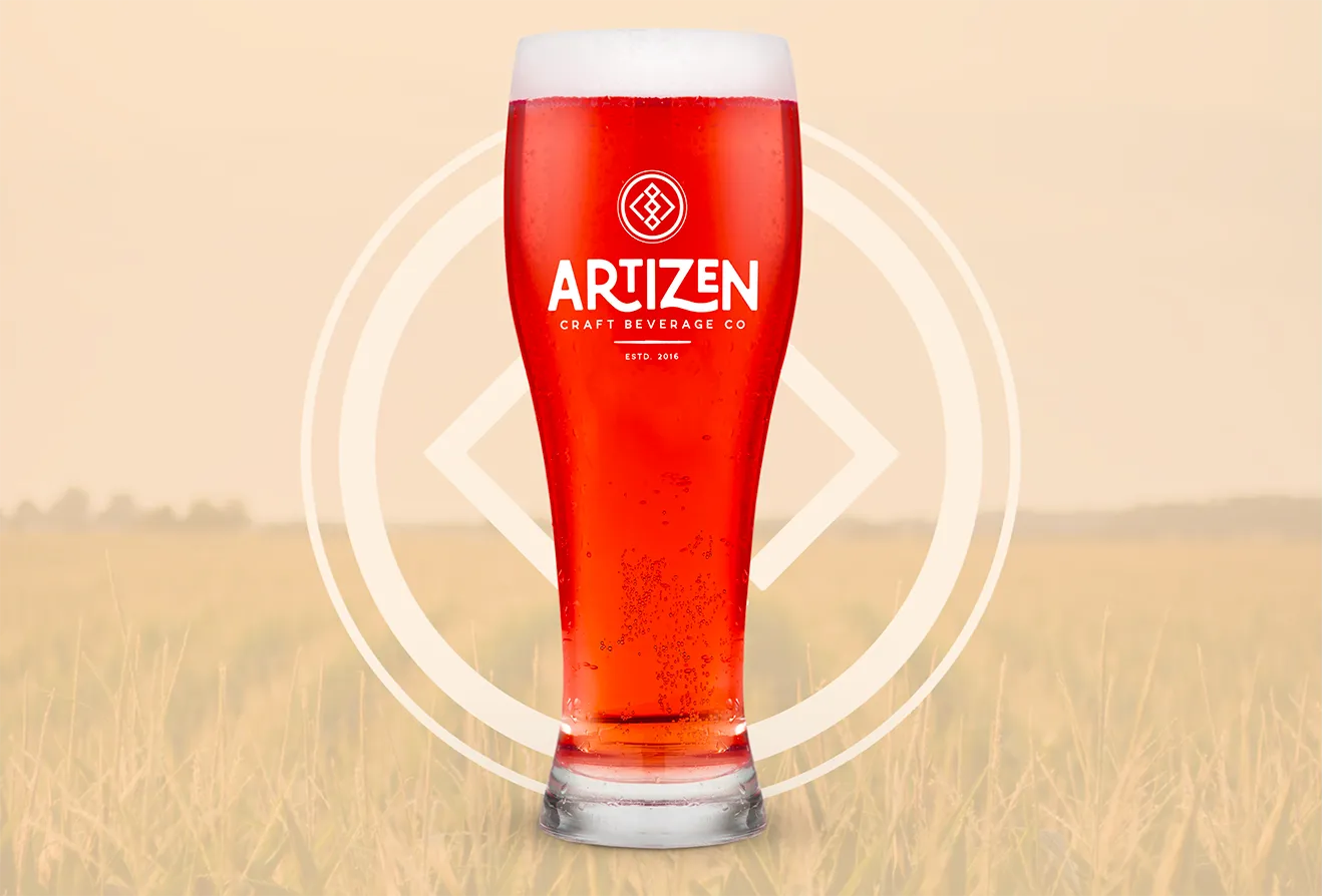 rtizen Craft Beverage Co. branded pilsner glass mockup featuring a sparkling craft beverage and updated logo.