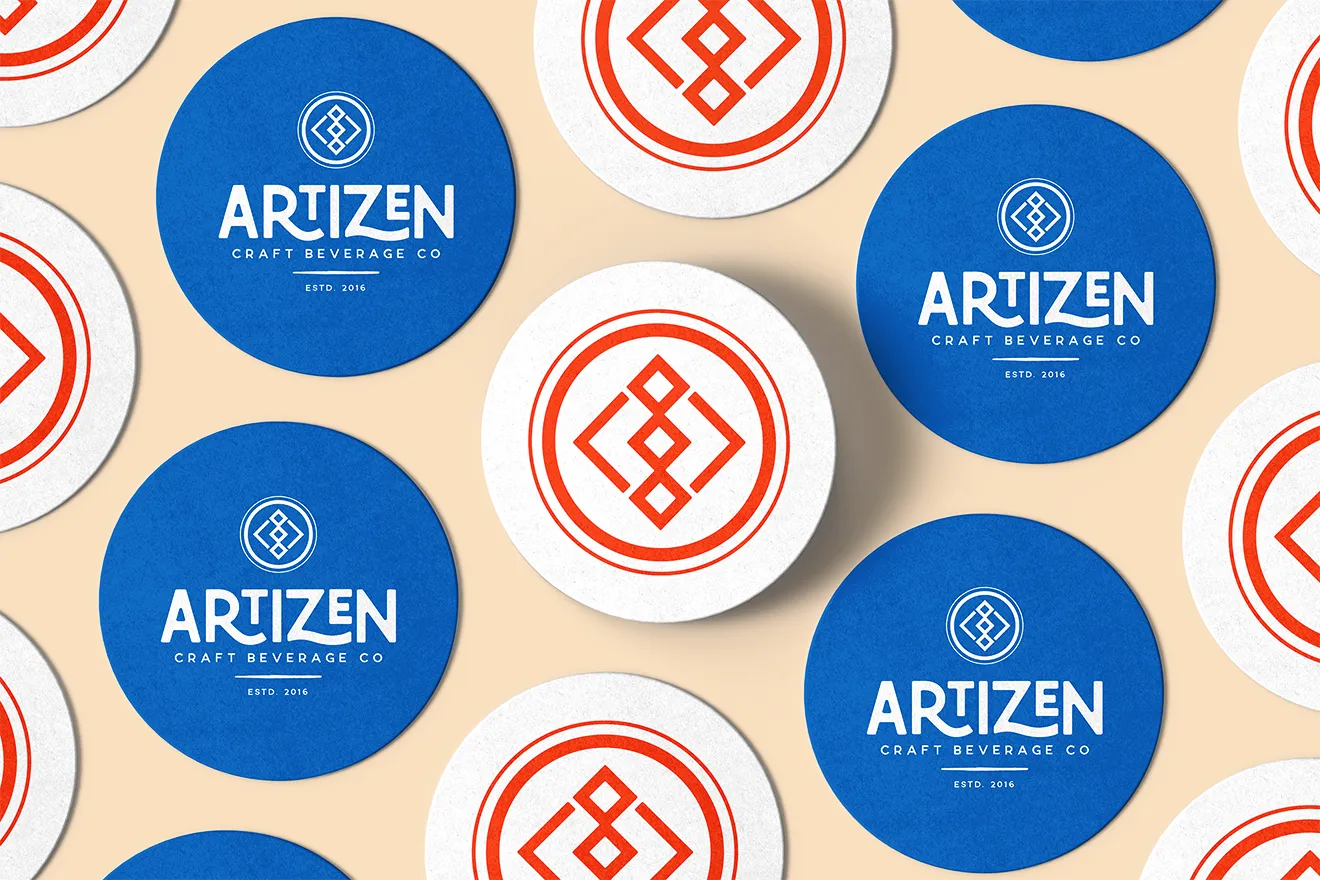 Artizen Craft Beverage Co. coaster designs featuring the primary logo and geometric brand icon.