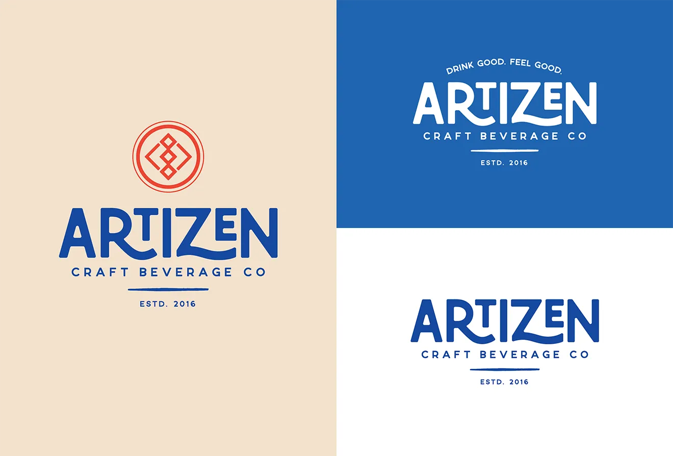 Artizen Craft Beverage Co. brand guidelines showing primary, reversed, and wordmark logo variations.