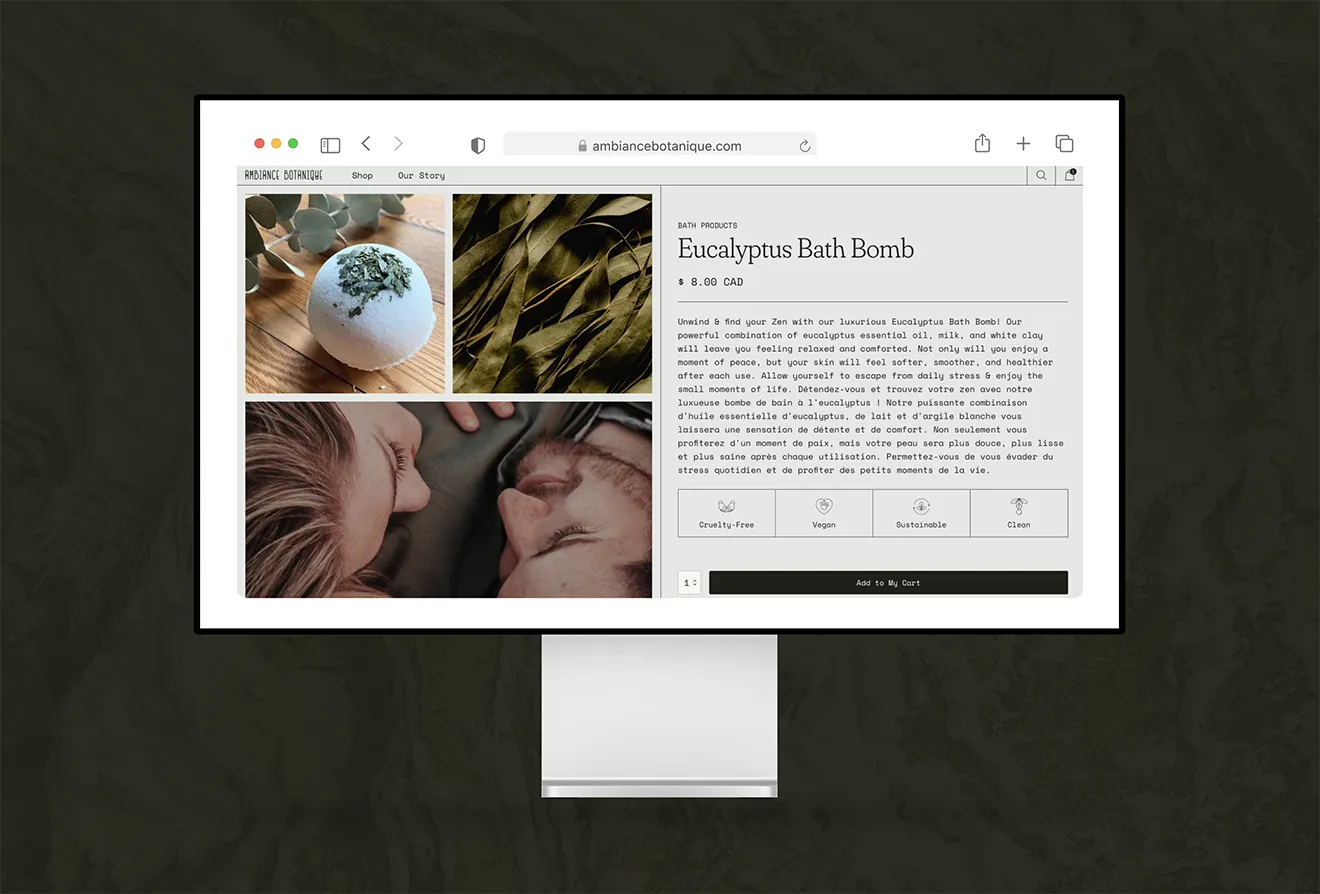 Webflow e-commerce product page for Ambiance Botanique featuring the Eucalyptus Bath Bomb and minimalist wellness design.