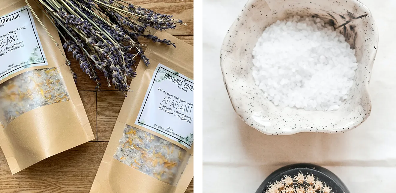 Ambiance Botanique bath salt packaging with kraft pouches, dried lavender, sea salt, and natural spa accessories.