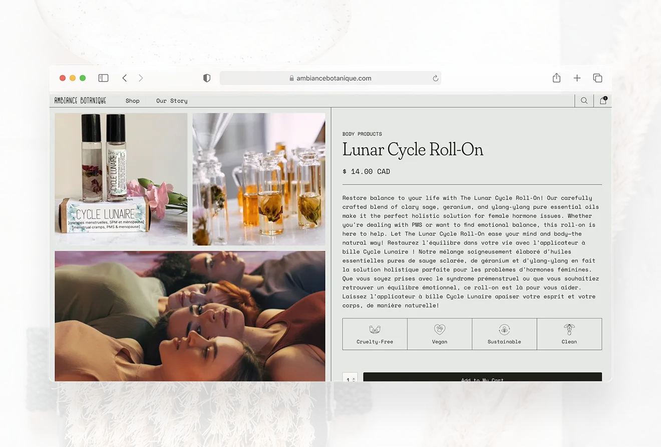 Webflow e-commerce product page for Ambiance Botanique featuring the Lunar Cycle Roll-On, lifestyle photography, and clean wellness UI