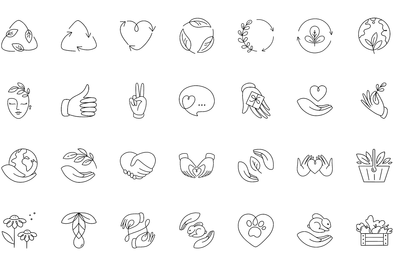 Custom minimalist wellness icons for Ambiance Botanique including leaves, flowers, recycling, cruelty-free, and sustainability symbols.
