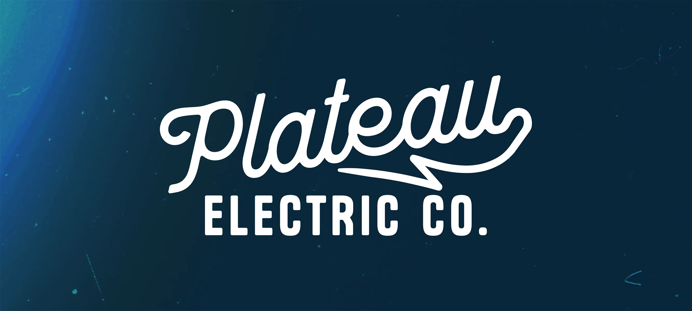 Plateau Electric Co. custom logo featuring a white script wordmark with an integrated lightning bolt on a deep teal background.