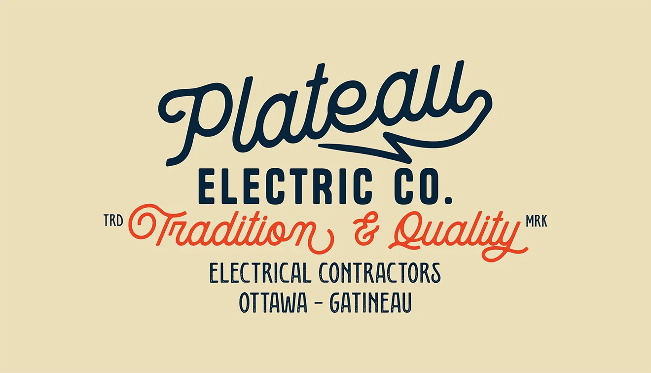 Plateau Electric Co. apparel mockup featuring a cream t-shirt with oversized electrical contractor badge graphic.