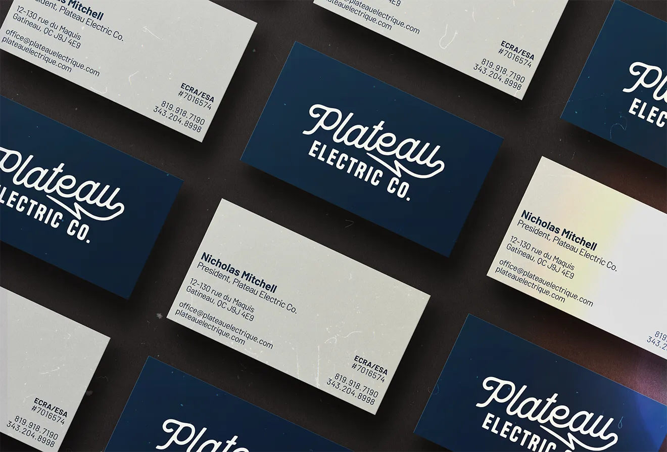 Plateau Electric Co. business card design featuring navy logo cards and corporate contact details.
